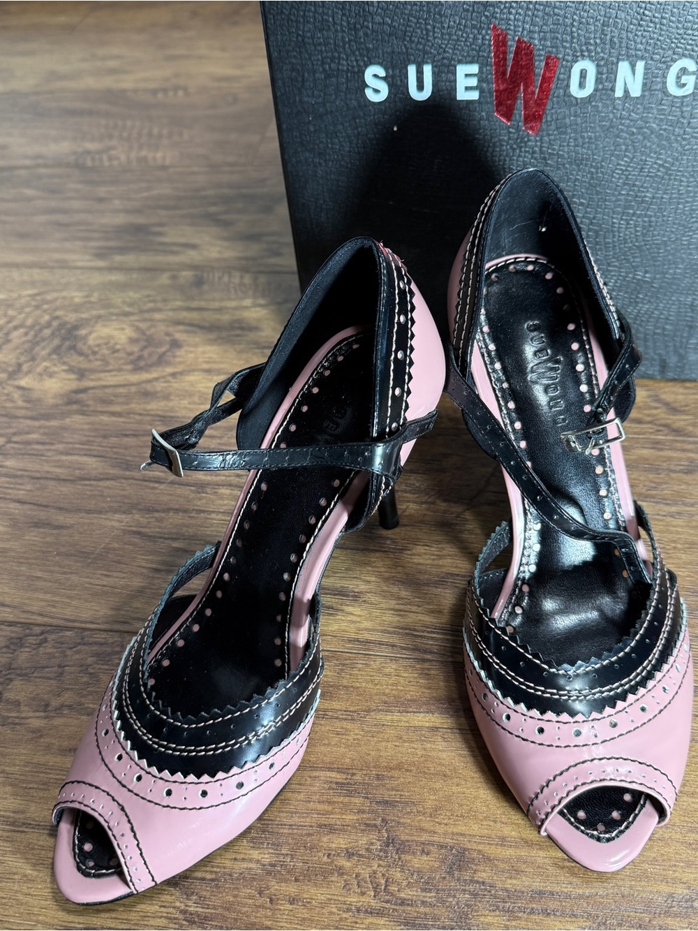 Sue Wong Pink and Black Peep-Toe Mary Jane Heels with Scalloped Trim